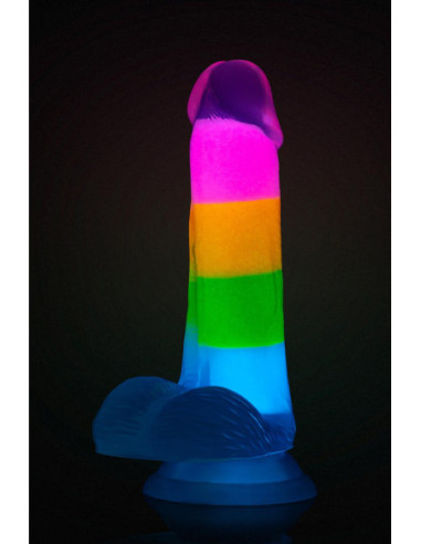 NEO ELITE GLOW IN THE DARK RAINBOW RAVE 6.5 INCH SILICONE DUAL DENSITY DILDO MULTICOLORED