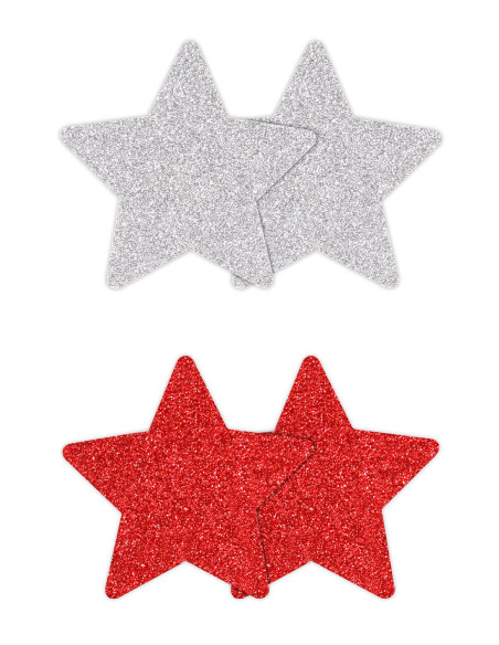 PRETTY PASTIES GLITTER STARS RED SILVER 2 PAIR
