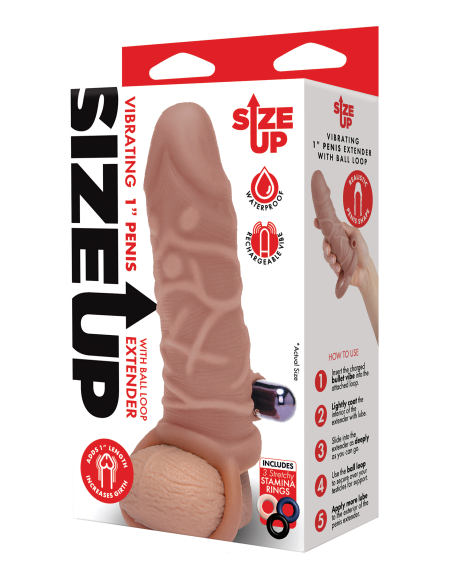 SIZE UP SILICONE VIBRATING REALISTIC PENIS EXTENDER WITH BALL LOOP TAN