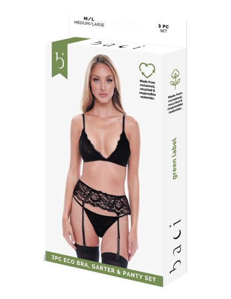 BACI 3 PCS. ECO BRA, GARTER AND PANTY SET BLACK, M/L