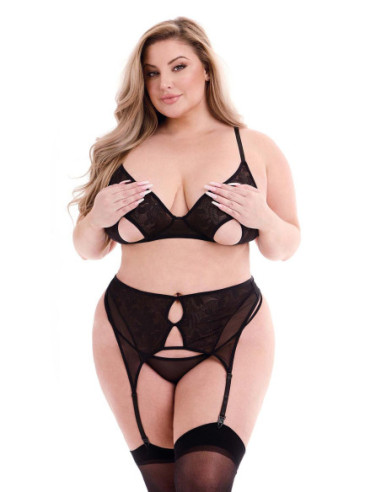 BACI 3 PCS ECO PEEK-A-BOO BRA, GARTER & PANTY SET BLACK, QS