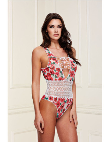 WHITE FLORAL & LACE TEDDY, M/L