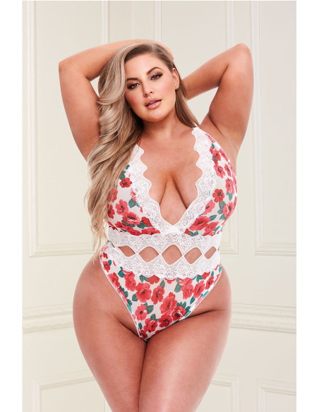 WHITE FLORAL & LACE TEDDY, QS