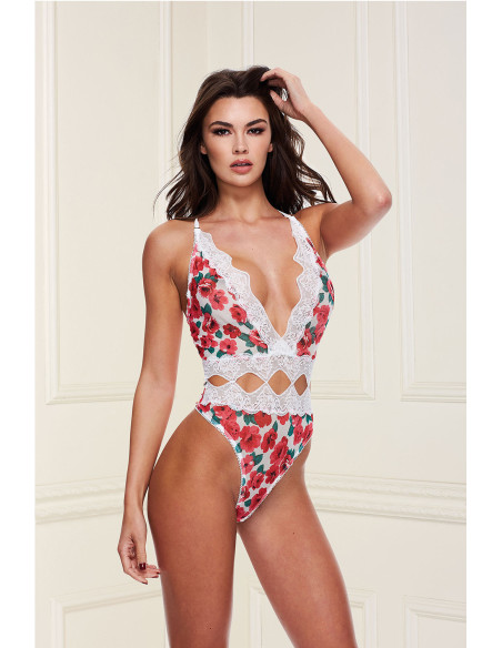 WHITE FLORAL & LACE TEDDY, M/L