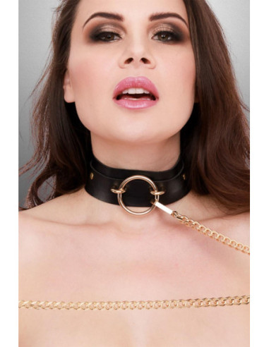 KINKY DIVA O-RING FRONT COLLAR + LEASH BLACK/GOLD