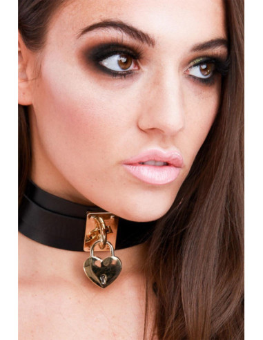 KINKY DIVA HEART LOCK & KEY COLLAR BLACK/GOLD
