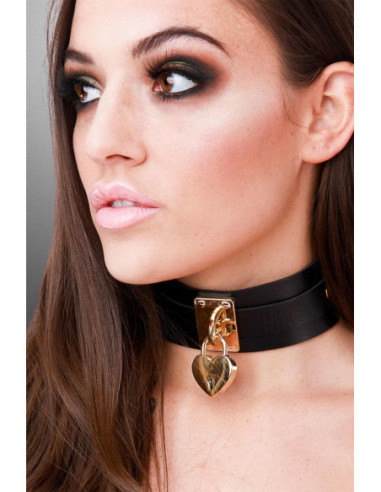 KINKY DIVA HEART LOCK & KEY COLLAR BLACK/GOLD