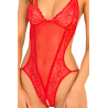 CROTCHLESS LACE & MESH TEDDY RED, M/L