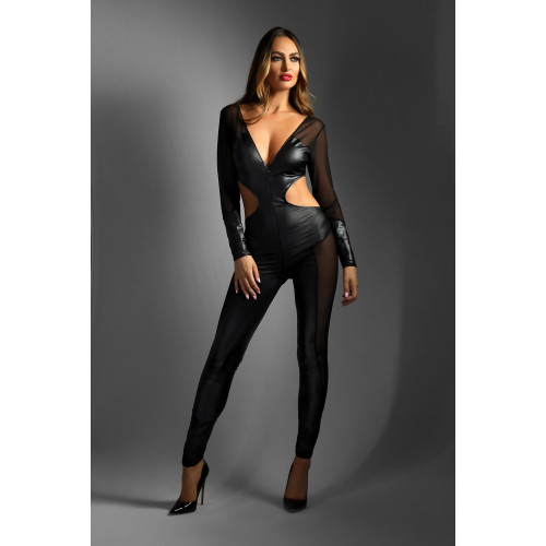 WETLOOK CATSUIT WITH HIDDEN FULL ZIPPER CLOSURE BLACK, L/XL