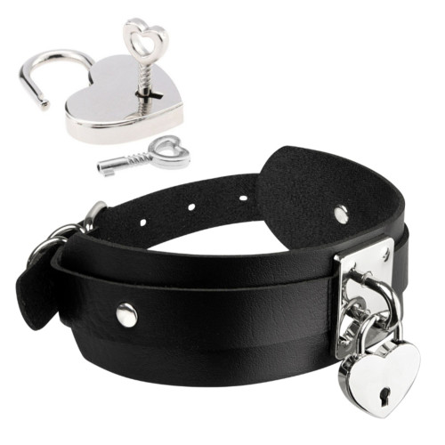 KINKY DIVA HEART LOCK & KEY COLLAR BLACK/SILVER