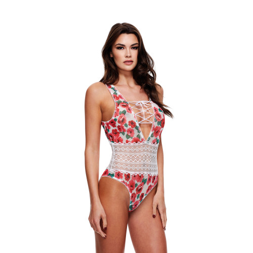 WHITE FLORAL & LACE TEDDY, M/L