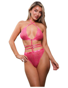 BETWEEN THE LINES CROTCHLESS LACE HALTER TEDDY PINK, L/XL