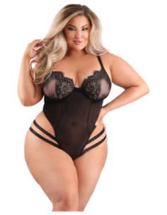 WANDERLUST CROTCHLESS CHEVRON LACE TEDDY BLACK, QS