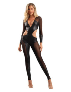 WETLOOK CATSUIT WITH HIDDEN FULL ZIPPER CLOSURE BLACK, S/M