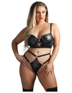 WETLOOK LONGLINE UNDERWIRE BRA & G-STRING PANTY BLACK, QS