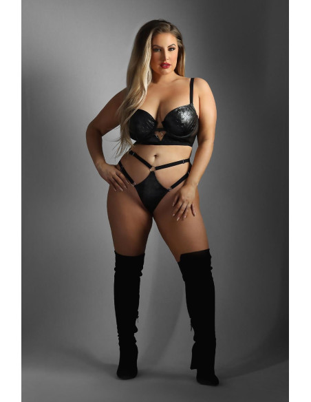 WETLOOK LONGLINE UNDERWIRE BRA & G-STRING PANTY BLACK, QS