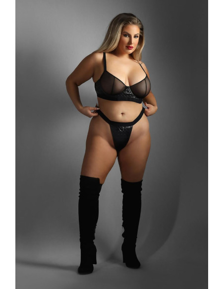 WETLOOK UNDERWIRE BRA & CROTCHLESS PANTY BLACK, QS