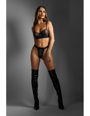 WETLOOK UNDERWIRE BRA & CROTCHLESS PANTY BLACK, S/M