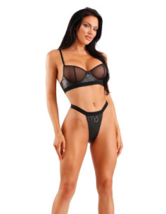 WETLOOK UNDERWIRE BRA & CROTCHLESS PANTY BLACK, M/L