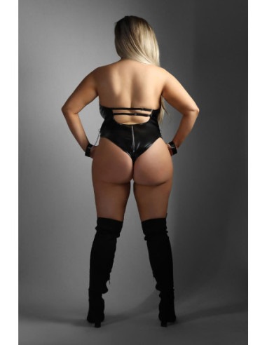 WETLOOK HALTER TEDDY WITH FULL ZIPPER CLOSURE BLACK, QS