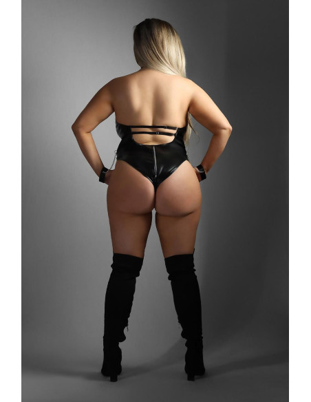 WETLOOK HALTER TEDDY WITH FULL ZIPPER CLOSURE BLACK, QS