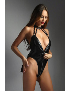 WETLOOK HALTER TEDDY WITH FULL ZIPPER CLOSURE BLACK, L/XL 2