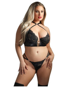 WETLOOK LONGLINE UNDERWIRE BRA & STRAPPY PANTY BLACK, QS