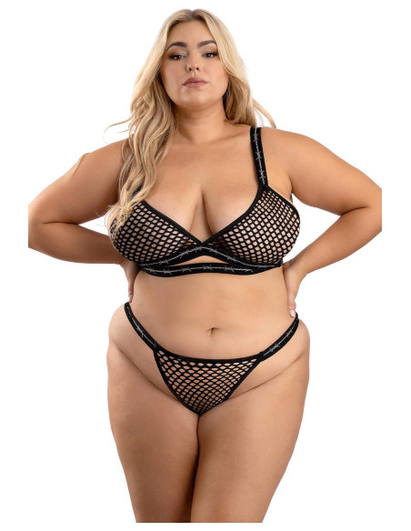 BARBED WIRE FISHNET BRALETTE, LONG SLEEVE SHRUG & PANTY BLACK, QS
