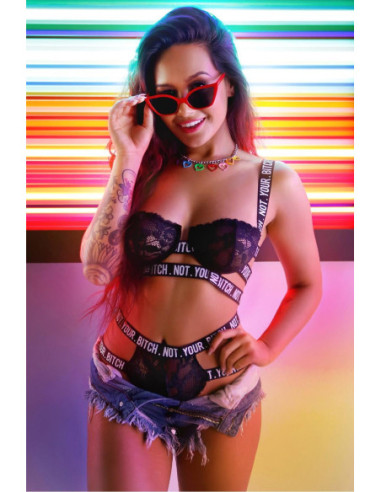 NOT YOUR BITCH LACE CAGE BRA & CUT-OUT PANTY BLACK, L/XL