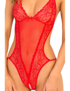 CROTCHLESS LACE & MESH TEDDY RED, M/L