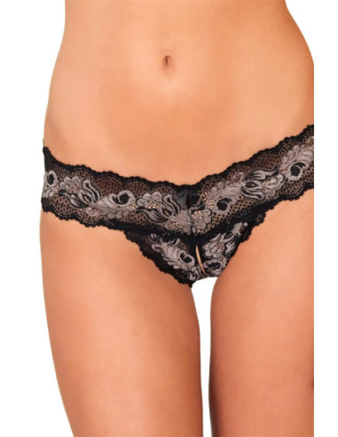 CROTCHLESS LACE V-THONG BLACK, S/M
