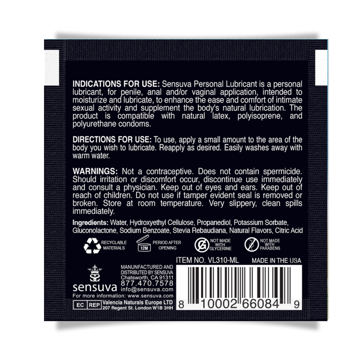 SENSUVA NATURAL WATERBASED PERSONAL LUBRICANT ORIGINAL UNFLAVORED 6ML SINGLE USE PACKET