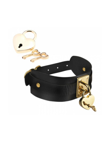 KINKY DIVA HEART LOCK & KEY COLLAR BLACK/GOLD